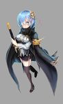  absurdres blouse blue_eyes blue_hair breasts cape gradient gradient_background grey_background hair_ornament highres holding holding_sword holding_weapon kneehighs medium_breasts moonbo re:zero_kara_hajimeru_isekai_seikatsu rem_(re:zero) sandals sheath short_hair skirt solo sword thighhighs unsheathing weapon zettai_ryouiki 