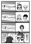  4koma 5girls :3 ahoge anger_vein angry bowl braid closed_eyes comic commentary eyepatch fang fish fish_bone greyscale hands_together highres inishie jitome kantai_collection kiso_(kantai_collection) kitakami_(kantai_collection) kuma_(kantai_collection) long_hair miso_soup monochrome multiple_girls ooi_(kantai_collection) open_mouth pointing rice rice_bowl saury school_uniform serafuku soy_sauce sweatdrop tama_(kantai_collection) translated wavy_mouth 