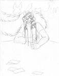  2019 anthro beverage bikini canid canine canis cheek_tuft clothing discarded_clothing elbow_tufts eyes_closed eyewear fluffy fluffy_tail giraffe giraffid glasses grin holding_object inner_ear_fluff mammal money monochrome shirt sitting sketch smile solo_focus stripes swimsuit tuft unknown_species wolf wolf_(wolfkidd) wolfkidd 