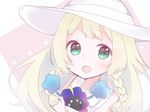  :d blonde_hair blush braid cosmog dress gen_7_pokemon green_eyes hat ligh_xi lillie_(pokemon) long_hair looking_at_viewer open_mouth pokemon pokemon_(creature) pokemon_(game) pokemon_sm sleeveless sleeveless_dress smile star sun_hat twin_braids upper_body white_dress white_hat 