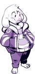  asriel_dreemurr blush boss_monster caprine child clothing fangs fur goat jacket long_ears mammal mangneto simple_background solo stripes undertale video_games white_fur young 