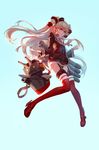  amatsukaze_(kantai_collection) antilous black_hat blonde_hair blue_background full_body garter_straps gloves hat highres kantai_collection long_hair red_footwear red_legwear rensouhou-kun shoes solo standing thighhighs two_side_up white_gloves 