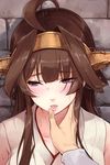  ahoge bare_shoulders breasts brick_wall brown_hair cleavage detached_sleeves double_bun finger_to_mouth from_above hair_between_eyes hairband highres japanese_clothes kantai_collection kongou_(kantai_collection) lips long_hair looking_to_the_side md5_mismatch medium_breasts out_of_frame parted_lips pov pov_hands purple_eyes sleeveless solo_focus umakuchi_shouyu upper_body 