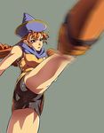  alena_(dq4) ass bike_shorts boots brown_footwear brown_gloves brown_hair dragon_quest dragon_quest_iv earrings foreshortening gloves green_background hat jewelry juvecross kicking long_hair red_eyes simple_background sleeveless solo 