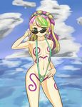  1girl bikini blonde_hair breasts clouds duel_monster flower flower_ornament full_body_tattoo green_bikini green_eyes looking_at_viewer multicolored_hair navel ocean purple_hair ritual_beast_tamer_wen ritual_beast_tamer_zefrawendi sling_bikini solo sunglasses tattoo yu-gi-oh! yuu-gi-ou_duel_monsters 