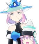  2girls blush_stickers duel_monster green_eyes hat looking_at_viewer multiple_girls open_mouth pink_eyes pink_hair simple_background smile tuning_magician white_background white_hat white_wing_magician witch_hat yu-gi-oh! yuu-gi-ou_duel_monsters 