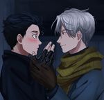  ameli-ya bad_id bad_pixiv_id black_hair blush brown_eyes gloves grey_hair highres imminent_kiss katsuki_yuuri male_focus multiple_boys scarf viktor_nikiforov yaoi yuri!!!_on_ice 