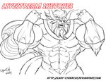  abs anthro beard bovine cattle cybercat facial_hair facial_piercing hair horn male mammal monochrome muscular nose_piercing open_mouth piercing solo watermark 