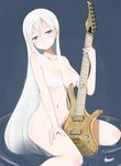  blue_eyes blush body_blush breasts closed_mouth commentary_request electric_guitar eyebrows eyebrows_visible_through_hair feathers groin guitar hair_between_eyes head_tilt highres instant_(ioarthus) instrument long_hair medium_breasts navel original ripples sitting skervesen_swan smile solo very_long_hair white_hair 
