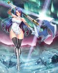  1girl angry axe bare_shoulders black_legwear blue_hair bodysuit boots breasts cleavage covered_navel curvy female full_body kagami_hirotaka large_breasts lilith-soft long_hair looking_at_viewer no_bra pink_eyes shiny_skin solo standing taimanin_asagi taimanin_asagi_battle_arena taimanin_asagi_zero weapon wide_hips yatsu_murasaki 