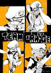  2girls army-kun_(splatoon) beret closed_mouth coat constricted_pupils dark_skin domino_mask dual_squelcher_(splatoon) english facepaint fangs forge-chan_(splatoon) grin hat holding holding_weapon inkling long_hair long_sleeves looking_at_viewer mask monochrome multiple_boys multiple_girls neckerchief open_mouth orange_(color) pointy_ears rapid_blaster_(splatoon) sailor_blue-kun_(splatoon) sailor_collar sailor_white-chan_(splatoon) scope serizawa_nae short_hair sketch smile splat_charger_(splatoon) splatoon_(manga) splatoon_(series) splatoon_1 tentacle_hair twitter_username weapon 