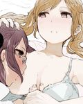  bed blush bra breast_sucking breasts brown_eyes brown_hair full-face_blush glasses hand_on_another's_head highres lying miusa multiple_girls nipples okujou_no_yurirei-san open_mouth smile sonou_tsukuyo tsurugimine_kiri twintails underwear yuri 