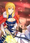  artoria_pendragon_(all) artoria_pendragon_(lancer) fate/grand_order fate_(series) gauntlets greaves green_eyes highres holding holding_weapon horseback_riding lance looking_at_viewer masmbel polearm riding weapon 