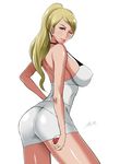  ;) ass bare_arms bare_shoulders beauty_(pokemon) blonde_hair breasts closed_mouth commentary_request covered_nipples cowboy_shot dress from_side halterneck high_ponytail large_breasts long_hair looking_at_viewer looking_to_the_side one_eye_closed poke_ball pokemon pokemon_(game) pokemon_sm shibusun short_dress sideboob skin_tight smile solo thick_thighs thighs white_dress yellow_eyes 