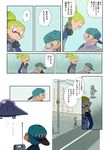  backwards_hat bad_id bad_tumblr_id blue_hair coke-bottle_glasses comic controller crocs domino_mask glasses green_hair hands_in_pockets hanten_(clothes) hat headphones headphones_around_neck highres inkling katou_(osoraku) kobushime_(sorobochi) long_sleeves male_focus mask monjiro_(sorobochi) multiple_boys pointy_ears raglan_sleeves remote_control splatoon_(series) splatoon_1 tentacle_hair topknot translated ufo 