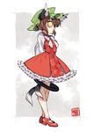  animal_ears bow bowtie brown_hair cat_ears cat_tail chen dress earrings hat jewelry long_sleeves mary_janes mob_cap multiple_tails nappooz petticoat puffy_long_sleeves puffy_sleeves red_dress red_footwear shoes short_dress short_hair slit_pupils solo tail touhou two_tails yellow_eyes 