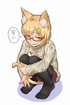  animal_ears blonde_hair cat_ears cat_tail check_commentary commentary_request flat_chest food fruit full_body glasses hair_ornament holding_own_tail kasai_jushi knees_together_feet_apart looking_at_viewer meme_attire open-chest_sweater original pantyhose ribbed_sweater semi-rimless_eyewear simple_background skirt solo squatting sweater tail translated under-rim_eyewear white_background white_sweater yuzu_(fruit) 