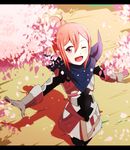  ;d cherry_blossoms fire_emblem fire_emblem_if kanna_(female)_(fire_emblem_if) kanna_(fire_emblem_if) nyorotono one_eye_closed open_mouth red_eyes red_hair scarf smile solo 