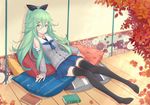  adapted_costume aqua_eyes autumn autumn_leaves black_legwear black_ribbon blue_neckwear blue_skirt blurry blush book breasts cardigan choker dan_(kumadan) depth_of_field detached_sleeves floral_print full_body green_hair hair_between_eyes hair_ornament hair_ribbon hairclip highres kantai_collection kikumon leaning_back long_hair looking_at_viewer neckerchief no_shoes parody pleated_skirt ribbon ribbon-trimmed_skirt ribbon_trim sakuramon school_uniform serafuku sitting skirt sleeves_past_wrists small_breasts solo striped thighhighs wall wooden_floor yamakaze_(kantai_collection) zettai_ryouiki 