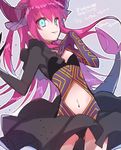  blue_background blue_eyes corruption dragon_horns dragon_tail dress elizabeth_bathory_(fate) elizabeth_bathory_(fate)_(all) fate/extella fate/extra fate/extra_ccc fate_(series) horns long_hair looking_at_viewer mom_29_mom navel purple_hair simple_background smile solo tail twitter_username 