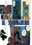  2boys akashi_(sorobochi) backwards_hat bad_id bad_tumblr_id barefoot baseball_cap blue_hair coke-bottle_glasses comic covering_mouth domino_mask fangs glasses green_eyes green_hair hat headphones hero_shot_(splatoon) highres hotplate inkling katou_(osoraku) kobushime_(sorobochi) mask midriff monjiro_(sorobochi) multiple_boys octarian octoling pointy_ears red_hair shirt short_hair splatoon_(series) splatoon_1 squidbeak_splatoon t-shirt table takozonesu tentacle_hair topknot translated waking_up 