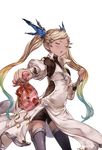  blonde_hair blue_hair blush closed_eyes from_below gift granblue_fantasy green_hair hair_ornament io_euclase long_hair looking_to_the_side minaba_hideo multicolored_hair official_art open_mouth shorts solo thighhighs transparent_background tsundere twintails valentine 