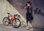  bicycle brown_hair glasses hitomi_kazuya long_hair original skintight 