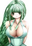  1girl breasts cleavage dress duel_monster goddess_of_whim green_dress green_eyes green_hair large_breasts leaves long_hair looking_at_viewer plant_hair simple_background white_background yu-gi-oh! yuu-gi-ou_duel_monsters 