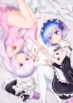  bare_shoulders blue_hair blush braid breasts cat cleavage closed_mouth couch detached_sleeves dress emilia_(re:zero) eyebrows eyebrows_visible_through_hair flower french_braid frilled_sleeves frills green_eyes hair_flower hair_ornament hair_ribbon highres holding_hands long_hair looking_at_viewer maid maid_headdress medium_breasts multiple_girls open_mouth pillow pointy_ears puck_(re:zero) purple_dress purple_eyes purple_ribbon re:zero_kara_hajimeru_isekai_seikatsu red_ribbon rem_(re:zero) ribbon rotational_symmetry short_dress short_hair silver_hair sitting sylphine thighhighs tied_hair white_legwear x_hair_ornament 