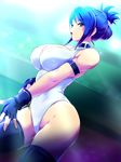  armband black_gloves black_legwear blair_dame blue_eyes blue_hair boots breasts cleavage covered_nipples detached_collar fingerless_gloves folded_ponytail gloves highres konpeto large_breasts leotard solo street_fighter street_fighter_ex_(series) thigh_boots thighhighs 