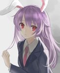  animal_ears bad_id bad_pixiv_id black_jacket blazer bunny_ears closed_mouth collared_shirt expressionless grey_background hair_between_eyes hair_tousle jacket lavender_hair long_hair long_sleeves looking_at_viewer looking_to_the_side necktie okakan red_eyes red_neckwear reisen_udongein_inaba shirt solo touhou upper_body white_shirt 