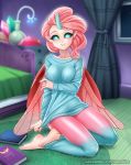  2019 alternate_species barefoot bed bedroom blue_eyes book clothed clothing digital_media_(artwork) feet female friendship_is_magic fully_clothed hair horn humanoid humanoidized insect_wings inside looking_at_viewer my_little_pony not_furry ocellus_(mlp) pink_hair racoon-kun smile solo url wings 