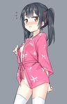  black_hair blush breasts brown_eyes commentary_request flying_sweatdrops grey_background haori hatsunatsu japanese_clothes kimono looking_at_viewer no_bra no_panties nose_blush open_mouth original pink_kimono side_ponytail small_breasts solo thighhighs twintails white_legwear 