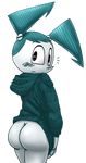  2016 butt clothing female hoodie humanoid jenny_wakeman looking_at_viewer looking_back machine my_life_as_a_teenage_robot not_furry robot simple_background solo sr 