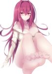 bare_shoulders barefoot bottomless breasts cleavage fate/grand_order fate_(series) feet highres kesoshirou large_breasts long_hair looking_at_viewer md5_mismatch pov_feet purple_hair red_eyes red_hair scathach_(fate)_(all) scathach_(fate/grand_order) solo sweater white_background 