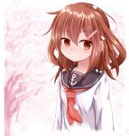  brown_eyes brown_hair cherry_blossoms hair_ornament hairclip ikazuchi_(kantai_collection) kantai_collection kyuupura petals school_uniform serafuku shirt short_hair solo upper_body 