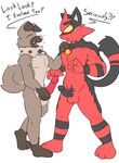  anthro anthrofied balls blush canine comparing duo feline foxzombiej male male/male mammal nintendo nude penis penis_size_difference pok&eacute;mon rockruff torracat video_games 