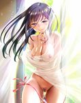  black_hair breasts comic_bavel curtains gradient_hair green_hair highres long_hair medium_breasts miyabi_(miyabi_r18) multicolored_hair nipples nude original panties pubic_hair purple_eyes see-through side-tie_panties smile solo underwear wind 