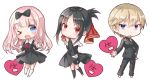  &gt;_o 1boy 2girls :o ;d bangs black_bow black_dress black_hair black_jacket black_legwear black_pants blue_eyes blush bow chibi collared_shirt commentary_request dress eyebrows_visible_through_hair folded_ponytail fujiwara_chika hair_between_eyes hair_bow hair_ribbon heart jacket kaguya-sama_wa_kokurasetai_~tensai-tachi_no_renai_zunousen~ kneehighs light_brown_hair long_hair looking_at_viewer looking_to_the_side multiple_girls neck_ribbon one_eye_closed open_mouth pants parted_bangs parted_lips pink_hair pink_ribbon red_eyes red_ribbon ribbon school_uniform shinomiya_kaguya shiro_kuma_shake shirogane_miyuki shirt smile standing standing_on_one_leg translation_request very_long_hair white_footwear white_legwear 