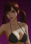  2016 absurdres alternate_eye_color alternate_hairstyle bangs biting black_bra bra breasts brown_hair chromatic_aberration cleavage collarbone d.va_(overwatch) dated eyelashes facepaint facial_mark gradient gradient_background highres jewelry lip_biting long_hair looking_at_viewer medium_breasts millet_(d323323) necklace nose overwatch pendant pink_lips purple_background purple_eyes realistic short_twintails solo swept_bangs twintails underwear underwear_only upper_body whisker_markings 