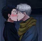  ameli-ya bad_id bad_pixiv_id black_hair blush brown_eyes closed_eyes gloves grey_hair highres katsuki_yuuri kiss male_focus multiple_boys scarf viktor_nikiforov yaoi yuri!!!_on_ice 