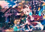  animal_ears blonde_hair blush brown_eyes building clouds foxgirl mage magic misaki_yuu_(dstyle) original photoshop skirt sky tail thighhighs 