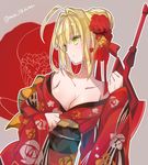  aestus_estus ahoge bare_shoulders blonde_hair breasts cleavage fate/extra fate_(series) flower green_eyes hair_flower hair_ornament holding holding_sword holding_weapon japanese_clothes kimono large_breasts mom_29_mom nero_claudius_(fate) nero_claudius_(fate)_(all) off_shoulder purple_background sash simple_background solo sword twitter_username weapon 