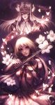  artist_name blonde_hair borrowed_character bow_(instrument) breasts bug butterfly dress flower glowing_butterfly head_tilt highres holding holding_instrument insect instrument looking_at_viewer multiple_girls naomi_coco original sepia short_hair small_breasts space violin 