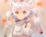  animal_ears autumn_leaves bad_id bad_pixiv_id detached_sleeves expressionless hair_between_eyes hat inubashiri_momiji leaf looking_at_viewer maple_leaf okakan pom_pom_(clothes) red_eyes red_hat shirt short_eyebrows short_hair solo tokin_hat touhou turtleneck upper_body white_hair white_shirt wolf_ears 