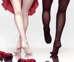  black_legwear close-up dk.senie feet feet_only high_heels highres kneepits legs lower_body multiple_girls no_shoes original pantyhose reflective_floor shoes shoes_removed single_shoe skirt soles standing thighhighs tiptoes white_legwear 