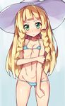  bikini blonde_hair blue_bikini blush braid breasts green_eyes hat lillie_(pokemon) long_hair micro_bikini pokemon pokemon_(game) pokemon_sm small_breasts solo sun_hat swimsuit twin_braids unacchi_(nyusankin) white_hat 