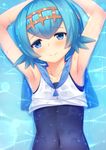  afloat armpits blue_eyes blue_hair blue_sailor_collar blush crop_top eyebrows eyebrows_visible_through_hair flat_chest from_above hairband momo_no_kanzume one-piece_swimsuit pokemon pokemon_(game) pokemon_sm sailor_collar school_swimsuit short_hair solo sparkle suiren_(pokemon) swimsuit swimsuit_under_clothes trial_captain wet 