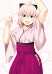  :d ahoge arm_up bad_id bad_pixiv_id black_bow bow fate_(series) hair_bow japanese_clothes kimono koha-ace looking_at_viewer mugipot okita_souji_(fate) okita_souji_(fate)_(all) open_mouth pink_hair short_hair smile solo star star_print striped striped_background yellow_eyes 