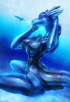  anthro armpits blue_eyes blue_hair blue_skin breasts despina_(equus) equus eyewear female goggles hair hand_behind_head smile solo wide_hips 